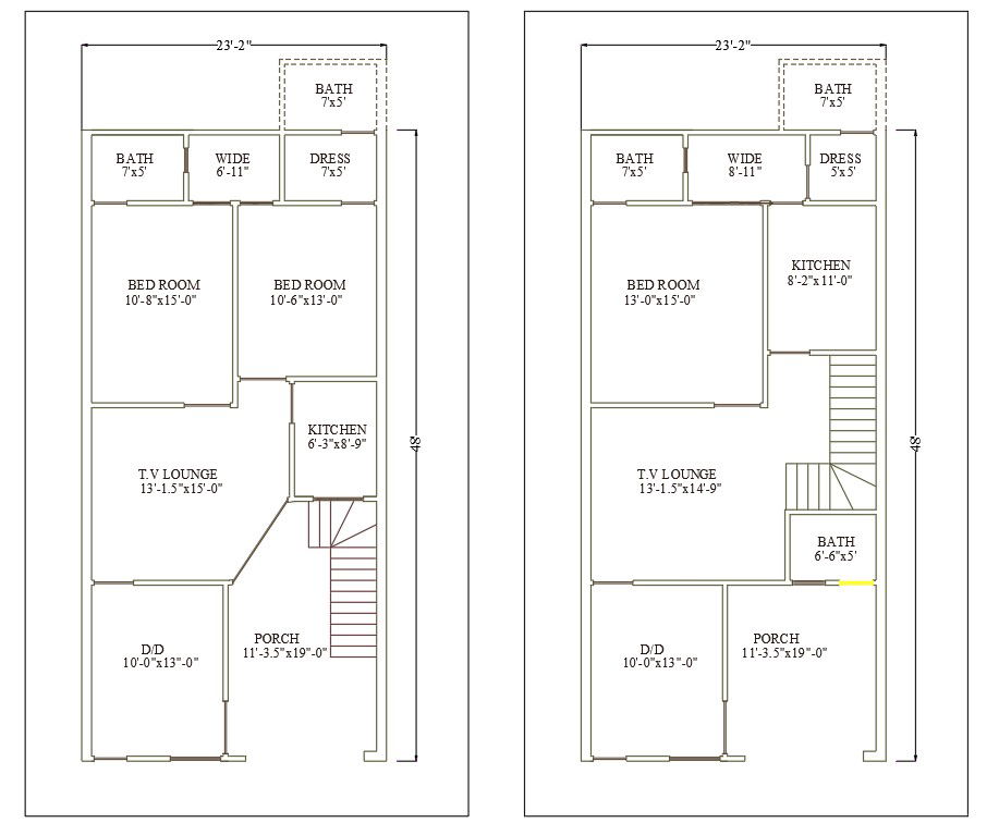 AutoCAD DWG Drawing file of 23'X48' double bedroom G+1 House plan ,Download the AutoCAD Drawing file.