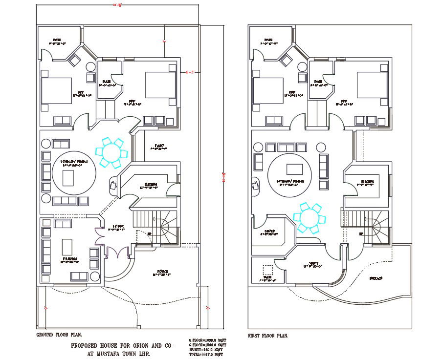 AutoCAD DWG Drawing file of 35'X63' Double bedroom G+1 House plan .Download the AutoCAD Drawing file.