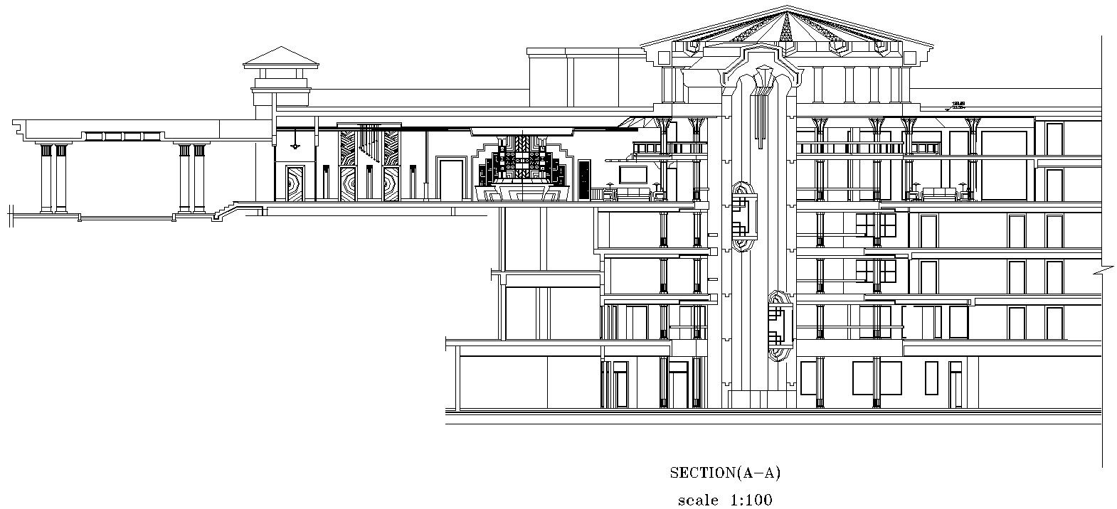 AutoCAD DWG Drawing the file of the beautiful shopping complex building section and elevation details.