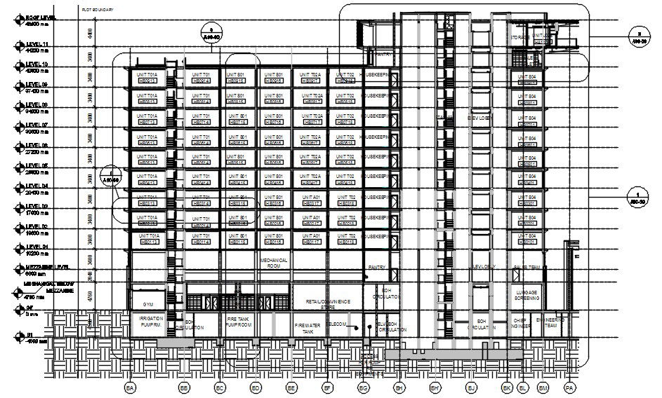 AutoCAD DWG File showing the details of G+12 hotel building typical section details.Download the AutoCAD DWG file now.