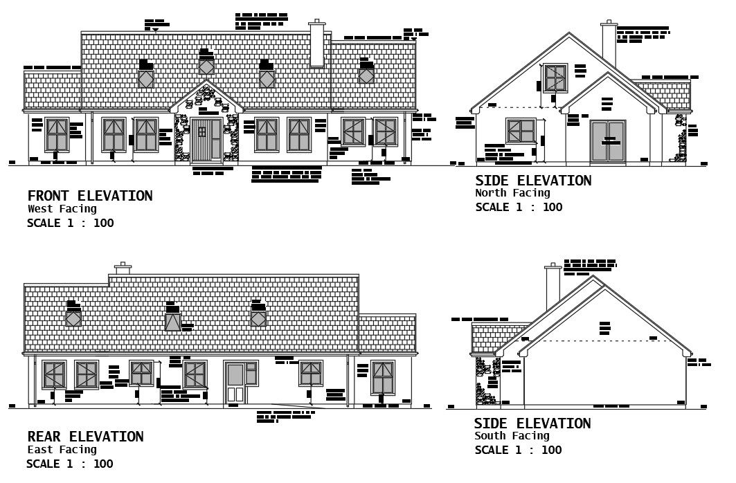 AutoCAD DWG describing the four side elevation of the villa type Modern structure. Download the AutoCAD 2D file