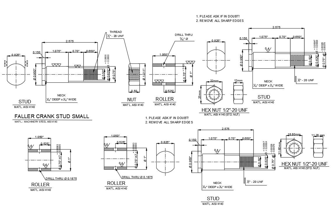 AutoCAD DWG detailed section drawing of the Faller crank with roller and HEX nut is given in this CAD DWG file.Download the file Now.