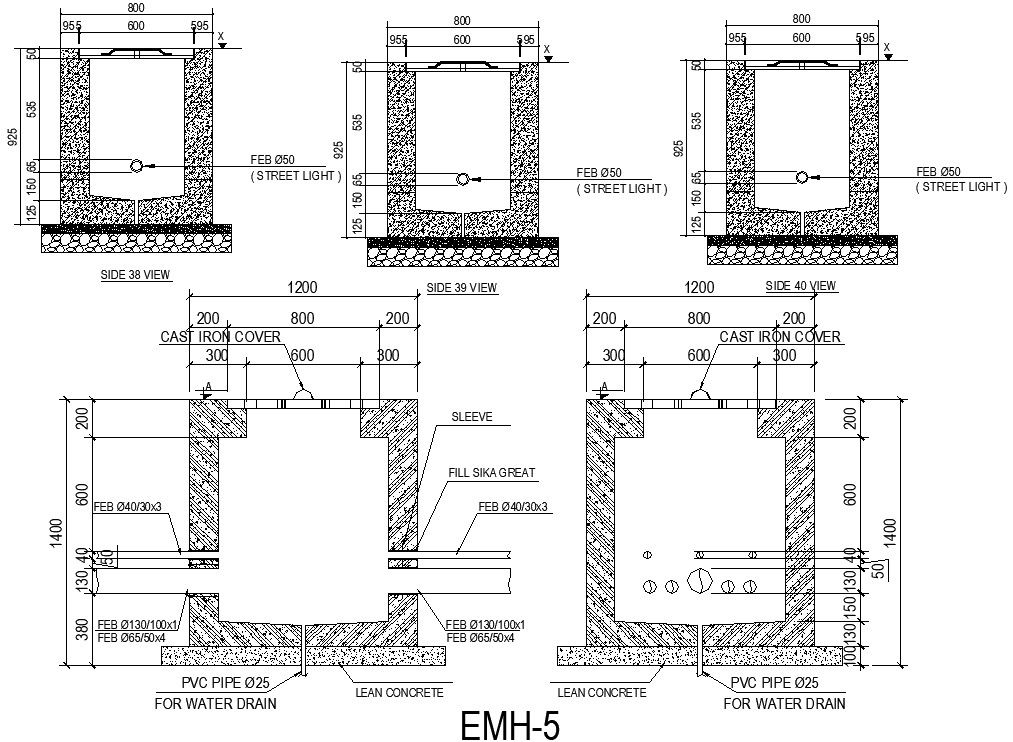 AutoCAD DWG drawing file of the water drain elevation and section details.