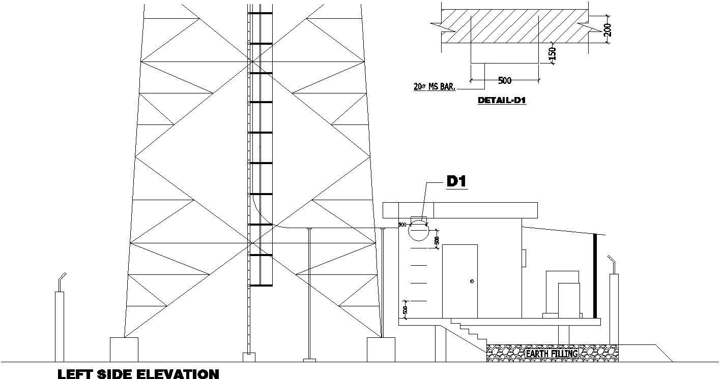 AutoCAD DWG drawing file shows a left side elevation and basement of the mobile network tower diagram.