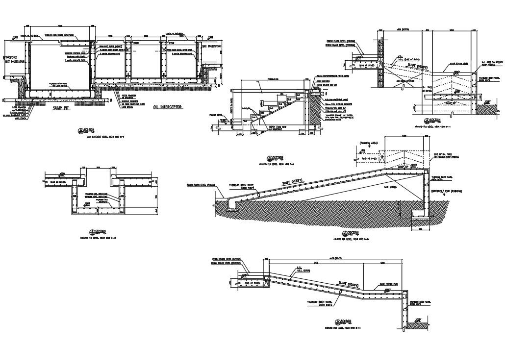 AutoCAD DWG drawing of the sump pit and oil interceptor section details are given in this drawing. Download the AutoCAD 2D DWG file.