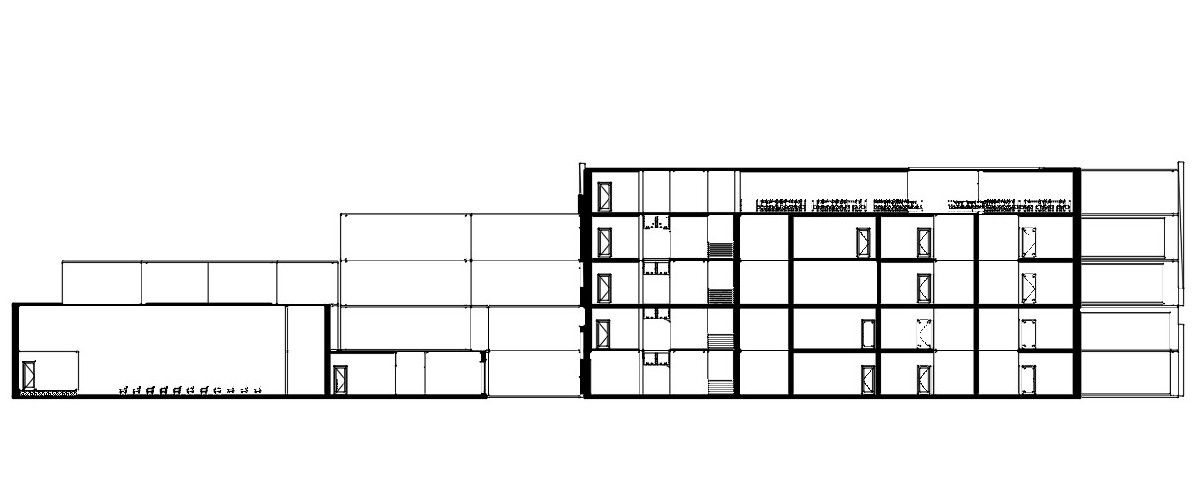 AutoCAD DWG drawing of the typical side elevation and section details of the office building. Download the AutoCAD DWG file.