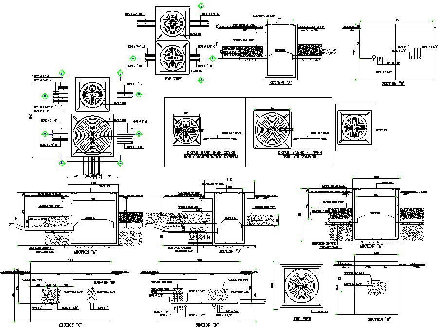 AutoCAD DWG file Shows the sectional details of the hand hole. Download the AutoCAD DWG file.