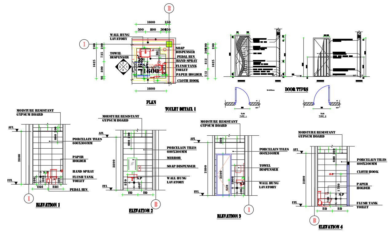 AutoCAD DWG file having the details of the Elevation of the Toilet, toilet door types, and toilet floor plan.