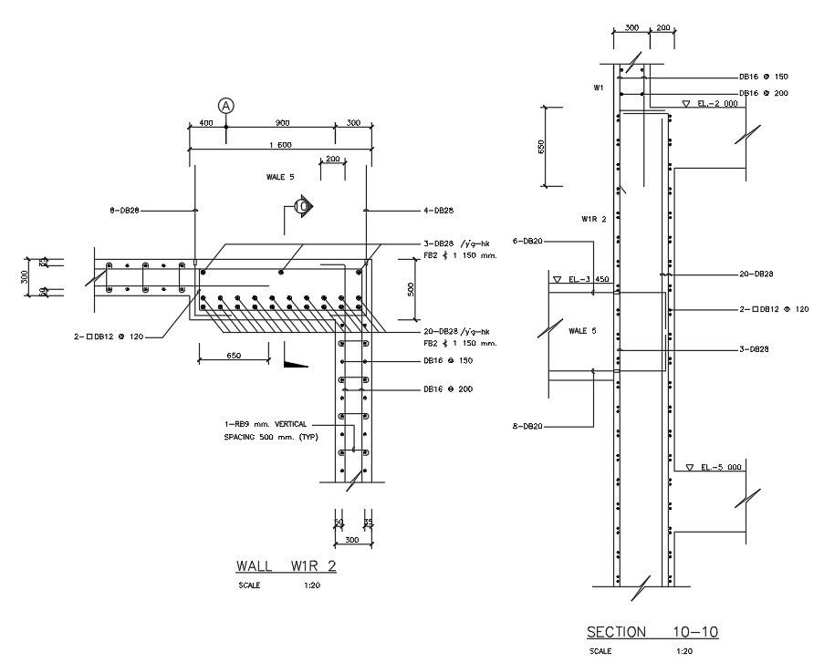 AutoCAD DWG file of Typical wall section Reinforcement details are given. Download the AutoCAD 2D DWG file.
