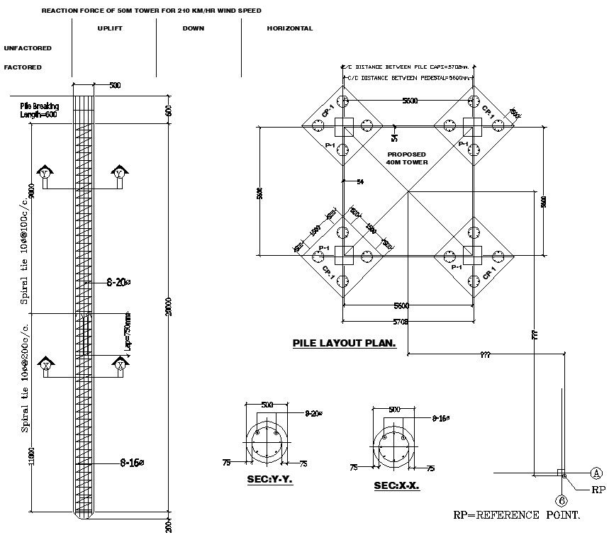 AutoCAD DWG file of the 40meter proposed telephone tower pile layout section and elevation details.Download the AutoCAD DWG file.