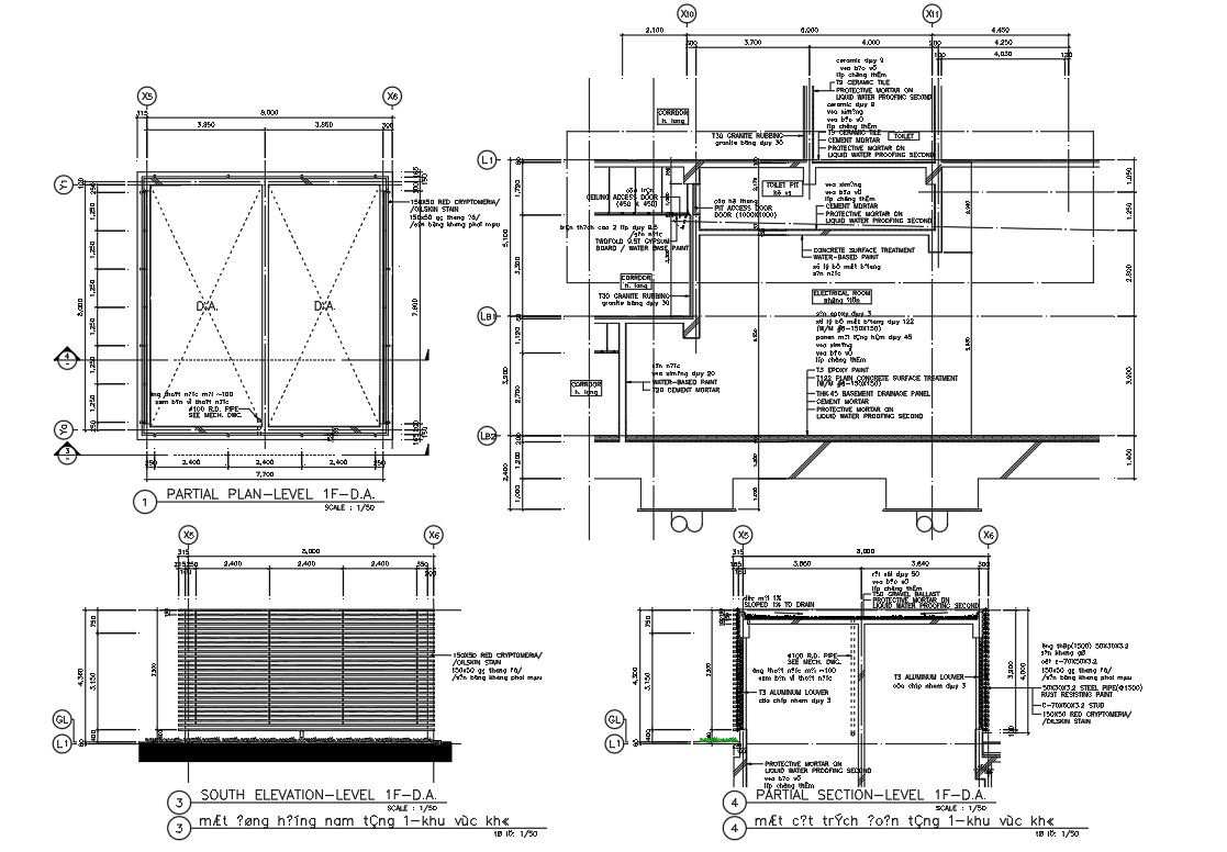 AutoCAD DWG file showing the Partial section details and Elevation of the Industrial Building,Download the AutoCAD drawing file.