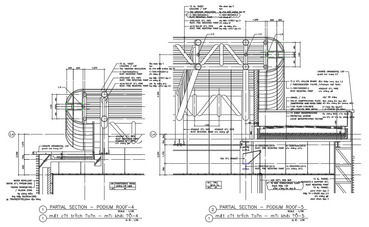 AutoCAD DWG file showing the details of the Partial floor plan and section design of the Podium roof. Download Autocad DWG file.