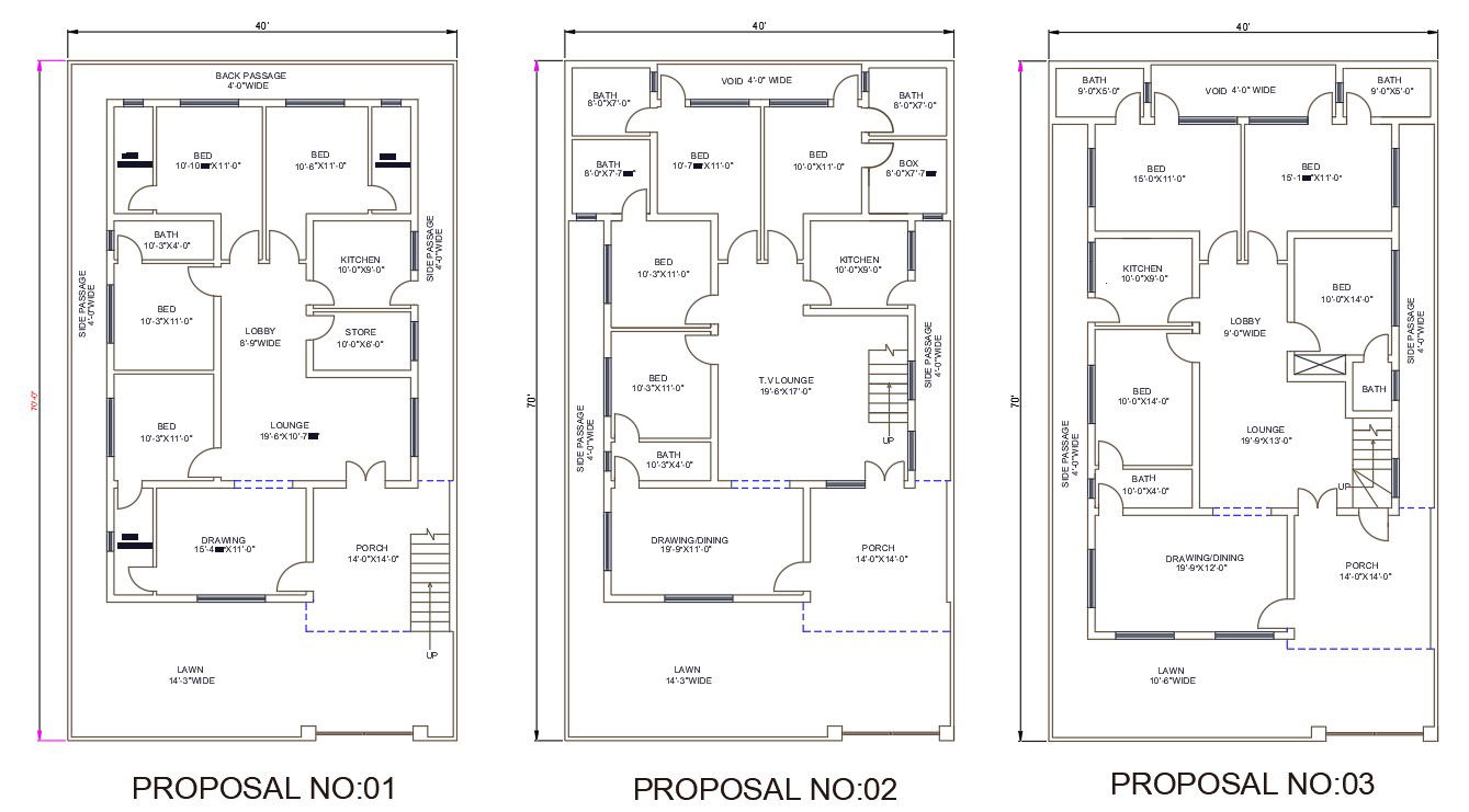AutoCAD DWG file shows 40'X70' three Various types of 2 BHK House plan Drawings.Download the AutoCAD Drawing file.
