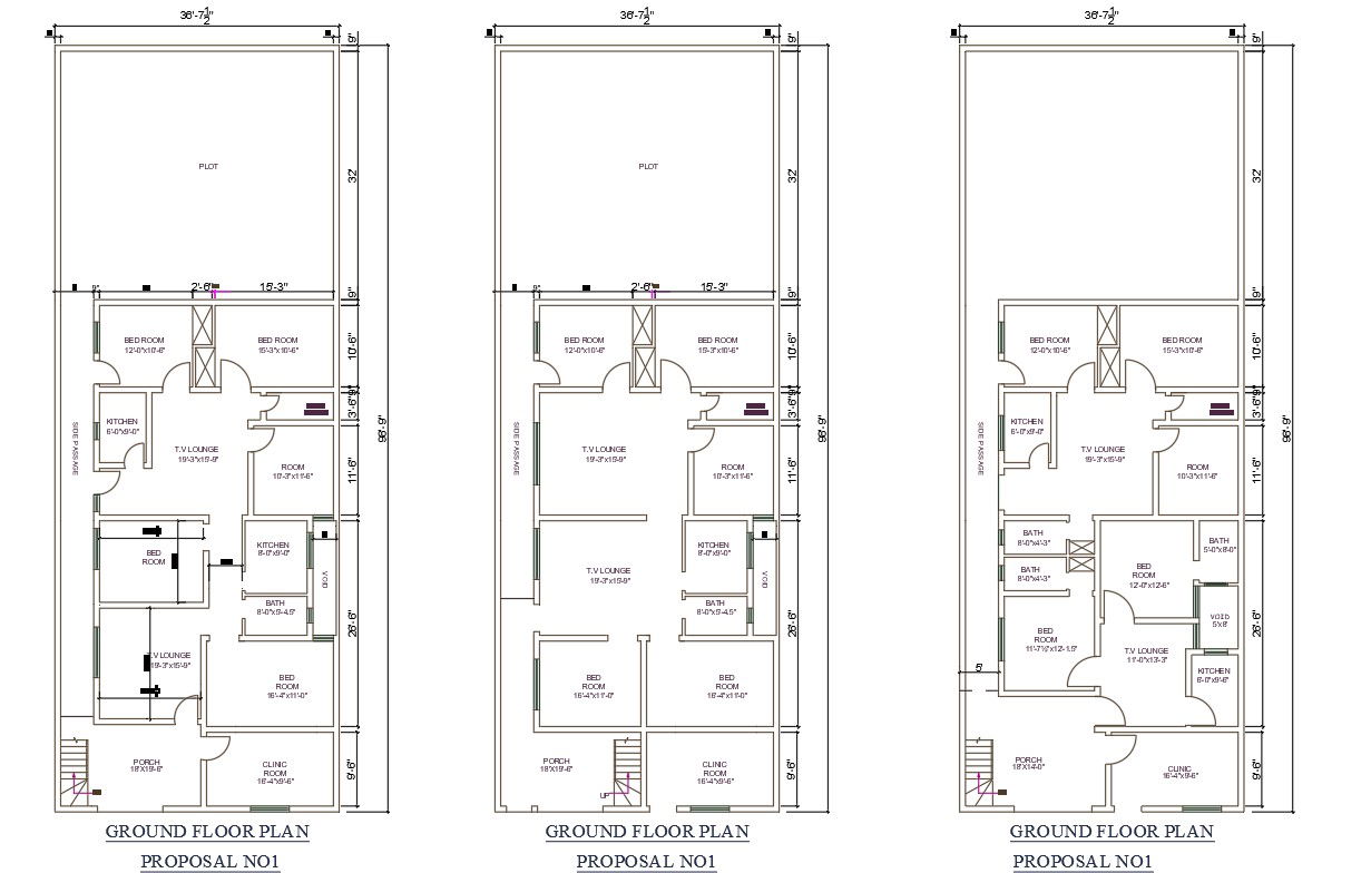 AutoCAD DWG file shows 4 types of 36'X99' double BHK House plan, Download the AutoCAD Drawing file.