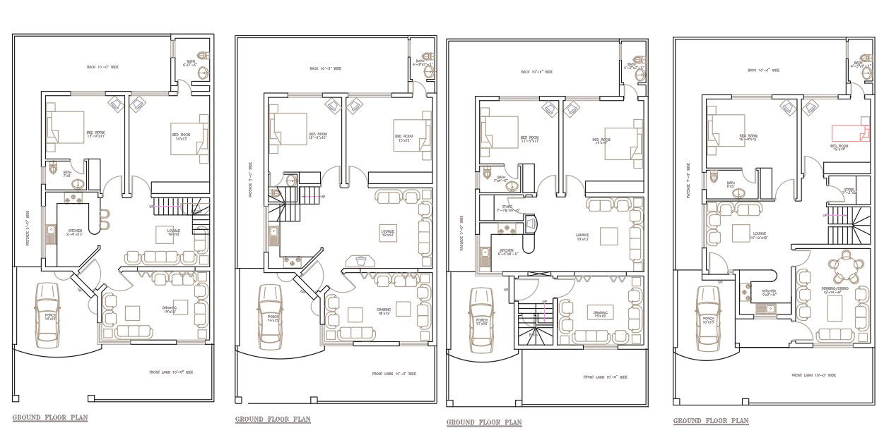 AutoCAD DWG file shows Four types of 2BHK House plan AutoCAD DWG files.Download the AutoCAD Drawing file.