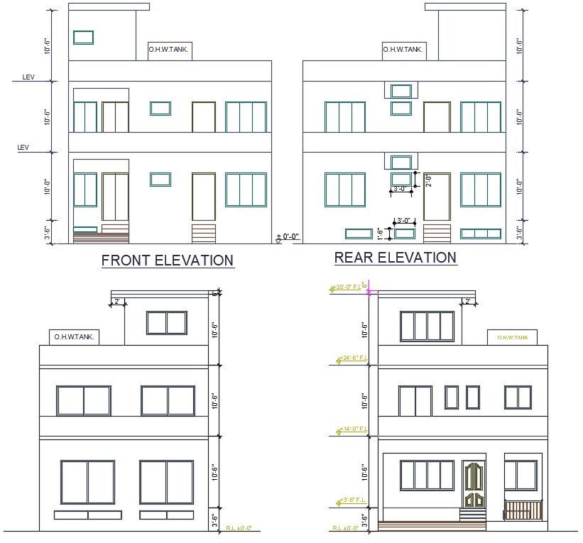 AutoCAD DWG file shows Front, rear side Elevation of 2BHK G+1 house plan.Download the AutoCAD Drawing file.