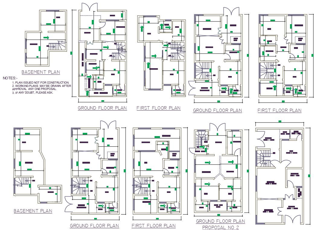 AutoCAD DWG file shows four Various types of 2 BHK G+1 House plan AutoCAD Drawings.