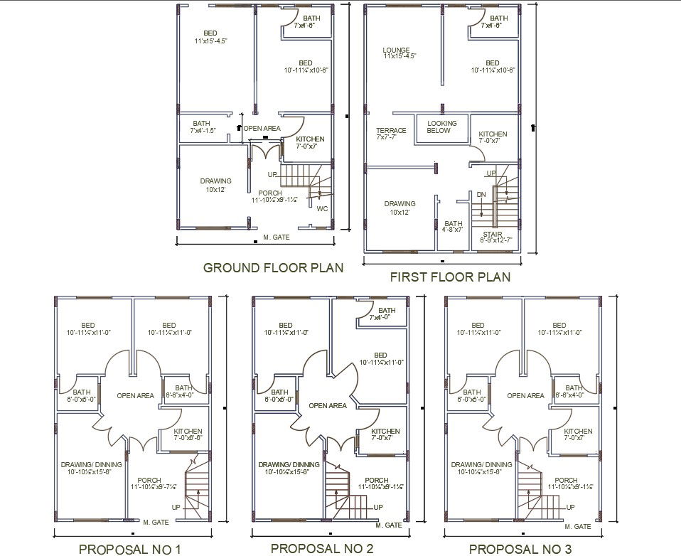 AutoCAD DWG file shows three types of two BHK House plan AutoCAD DWG files. Download the AutoCAD Drawing file.