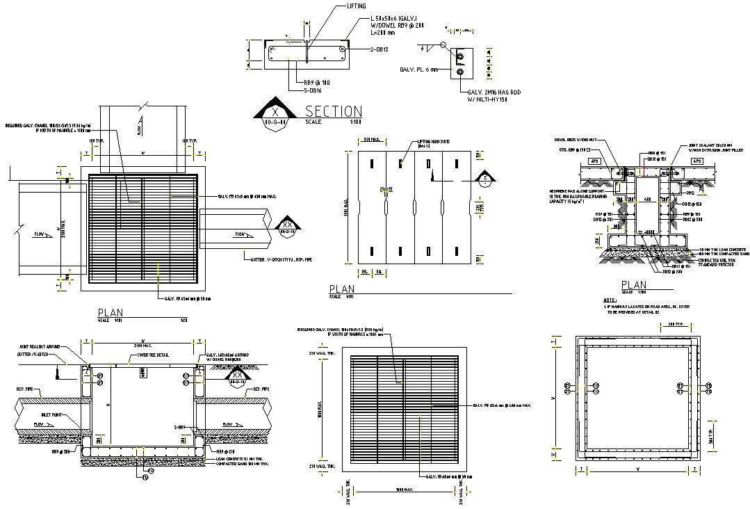 AutoCAD Drawing 2D file shows the Details of the typical manhole diagram. Download the AutoCAD DWG file.