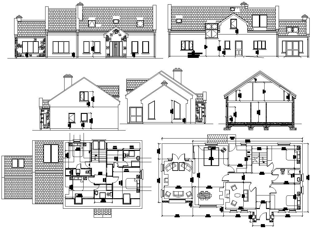AutoCAD Drawing DWG file of Single story ground floor 2 bhk house plan with all sides elevation. Download Autocad DWG file.