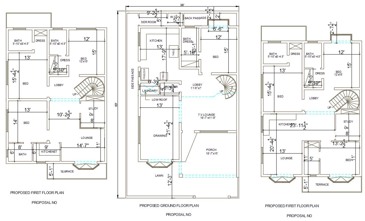 AutoCAD Drawing file of 38'X63' 2BHK G+1 House plan layout, Download the AutoCAD Drawing file.