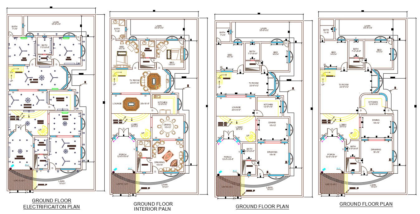 AutoCAD Drawing file of 45'X90' 2BHK G+1 Electrical layout, Interior furniture design, and Floor plan,Download the AutoCAD Drawing file.