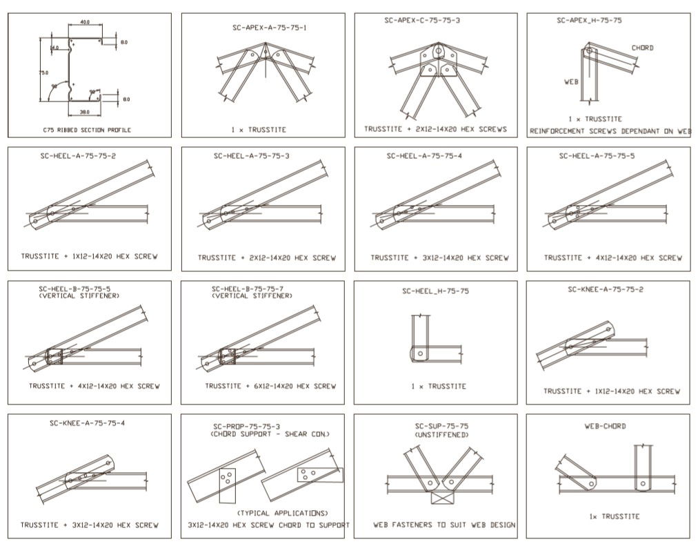 AutoCAD Drawing file showing the details of the 16 types of roof truss tite section plan. Download the DWG file.