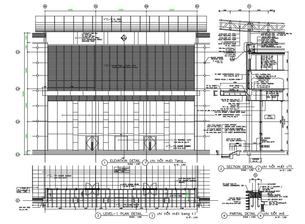 AutoCAD Drawing file showing the partial Section and elevation details of the factory building.Download the AutoCAD DWG file.