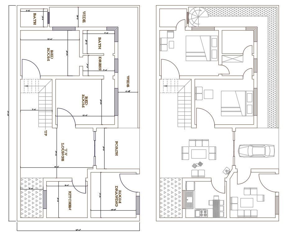 AutoCAD Drawing file shows 27'X47' Single story 2bhk Floor house plan and Furniture plan, Download the Autocad dwg file.