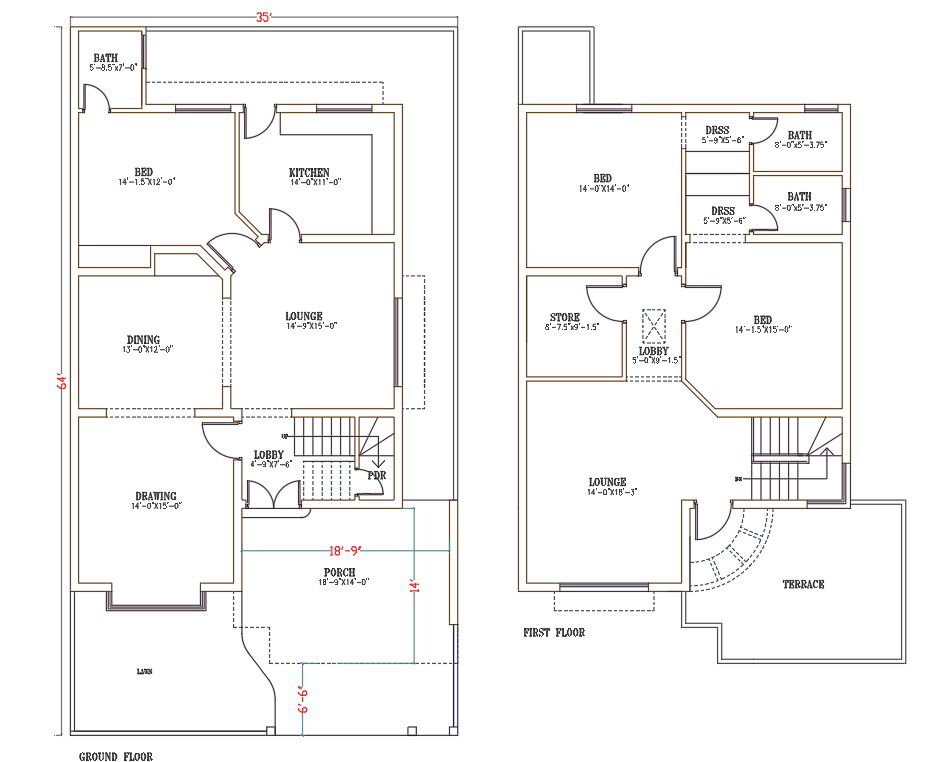 AutoCAD Drawing file shows 35'X64' G+1 House plan 2D DWG file. Download the AutoCAD Drawing file.