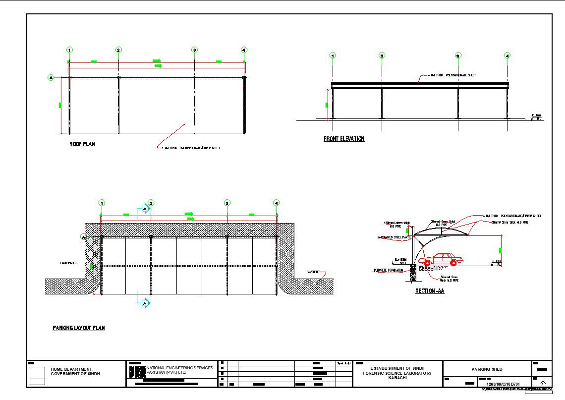 AutoCAD Parking Shed Plan with Elevation and Structural Details