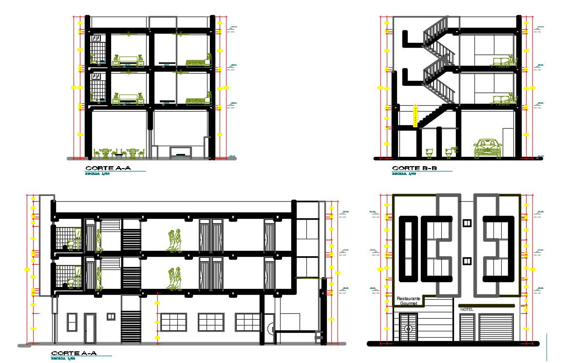AutoCAD Hotel Building Sectional Elevation Design Download DWG File
