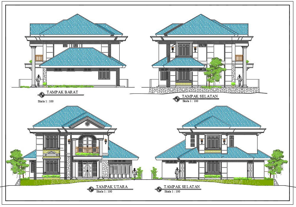 AutoCAD House Building All Side Elevation Design Download DWG File