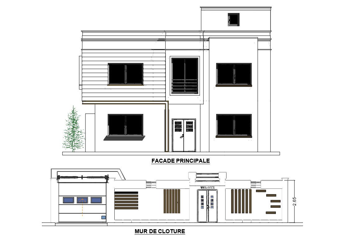 AutoCAD House Front Elevation And Closing Wall Design DWG File