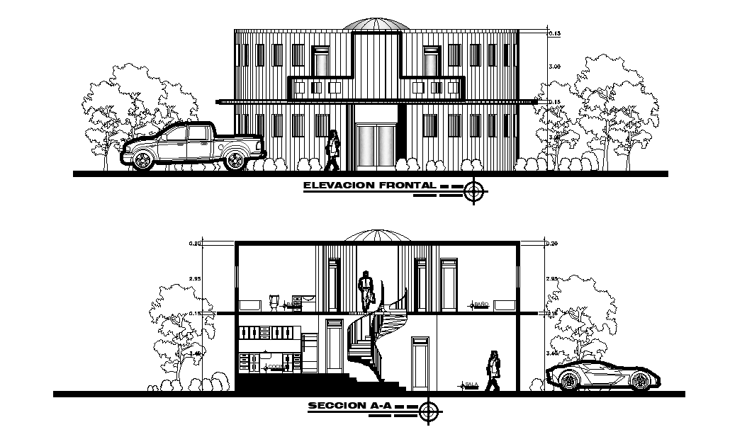 AutoCAD House Front Elevation And Section Drawing DWG File