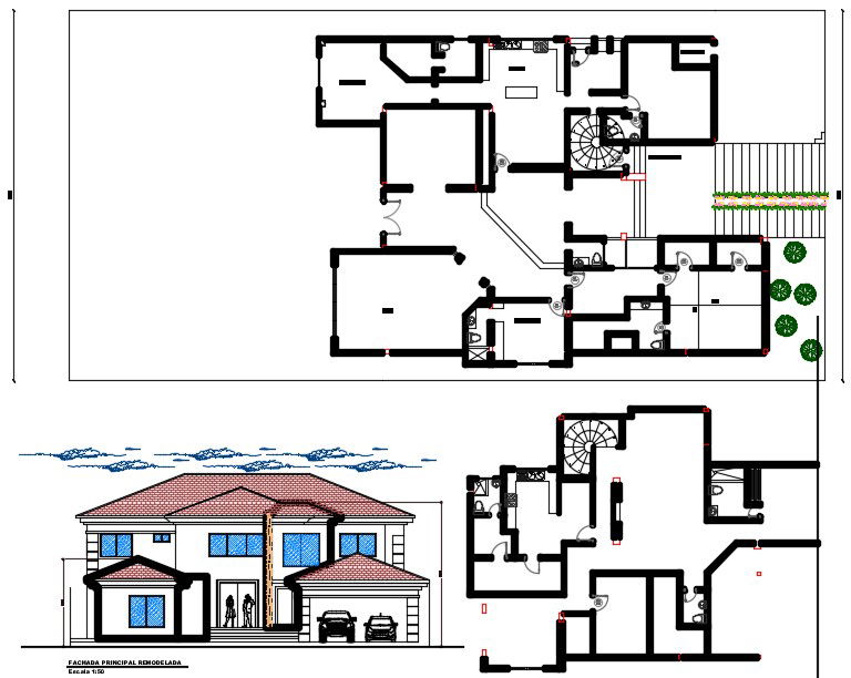 AutoCAD House Ground Floor And First Floor Plan With Front Elevation Design DWG File