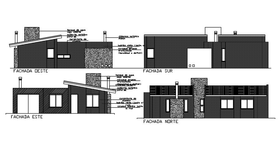 AutoCAD House Single Storey Building All Side Elevation Design DWG File