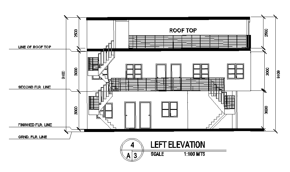 AutoCAD Residence House Left Elevation Design DWG File