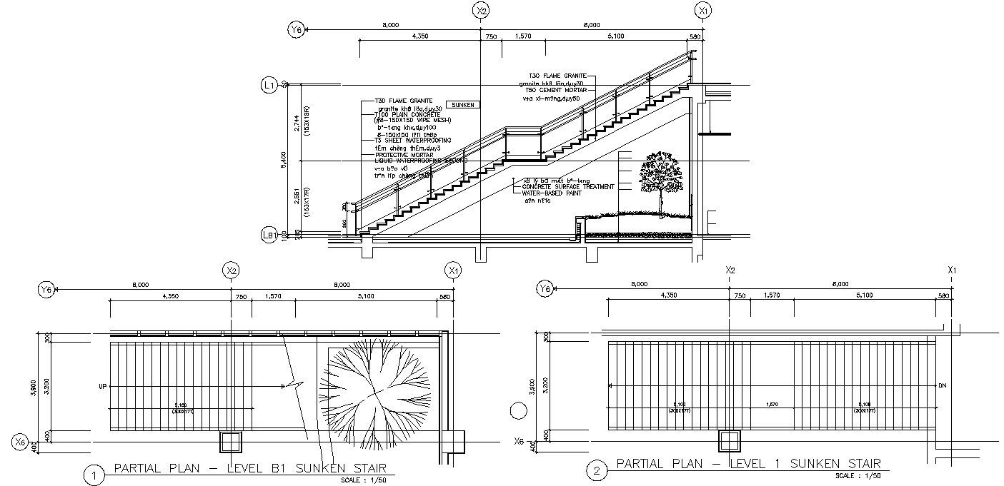 AutoCAD drawing files show the detail of Side Elevation and partial plan of Staircase 2d drawings.Download the DWG file.
