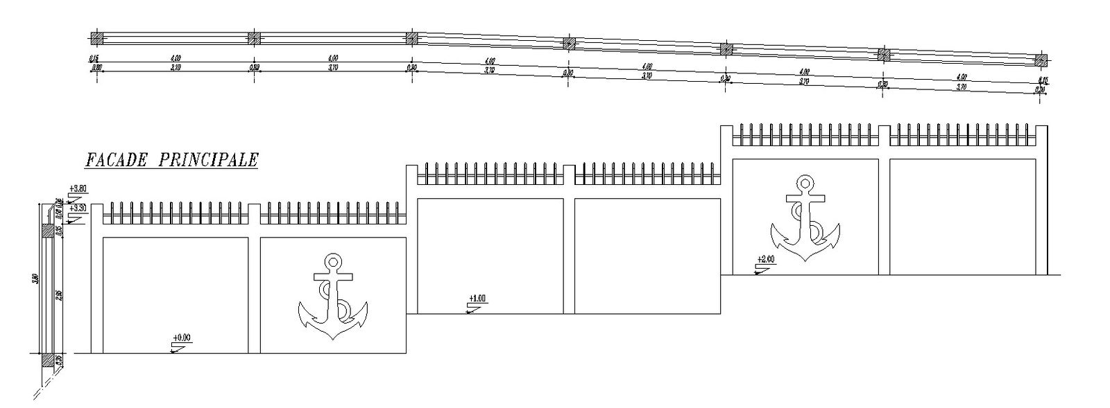 AutoCAD drawing of boundary wall section and elevation details, CAD file, dwg file
