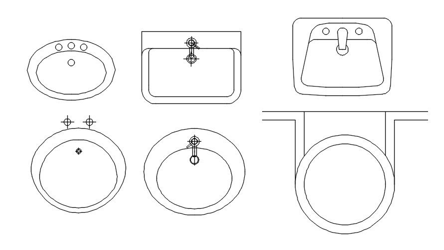AutoCAD drawing of different designs of sink, dwg file, CAD file