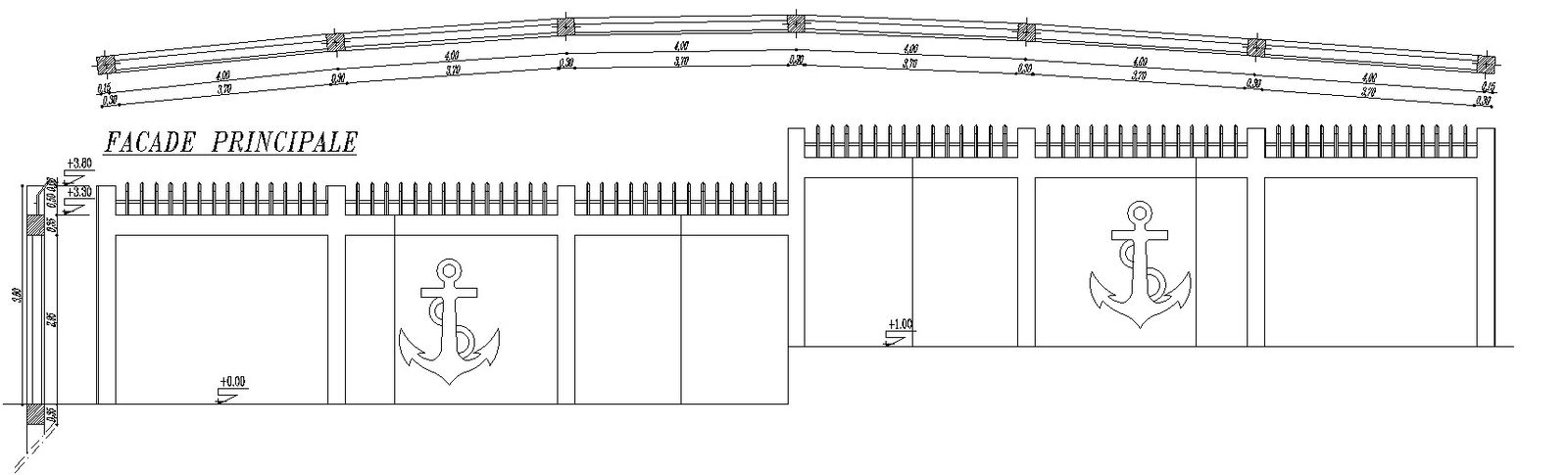AutoCAD drawing of section and elevation of boundary wall with details, CAD file, dwg file