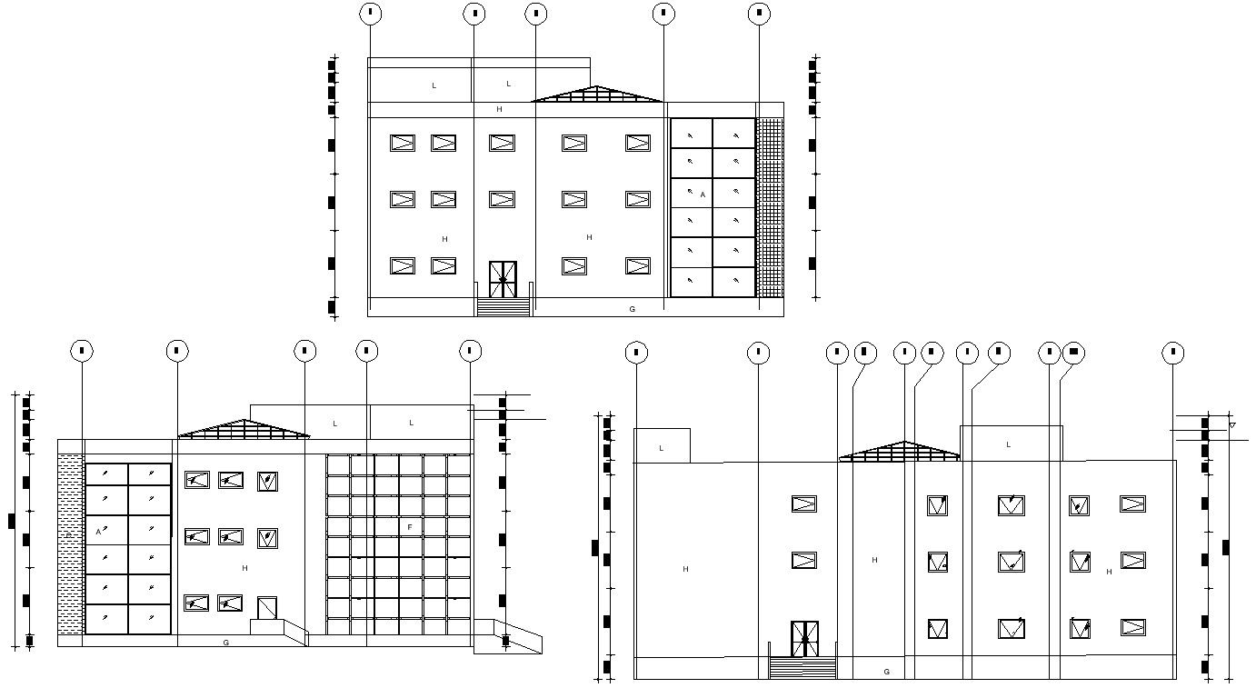 AutoCAD file shows the details of the front, back, and side elevation and sectional drawing of the school building.Download the AutoCAD DWG file. 