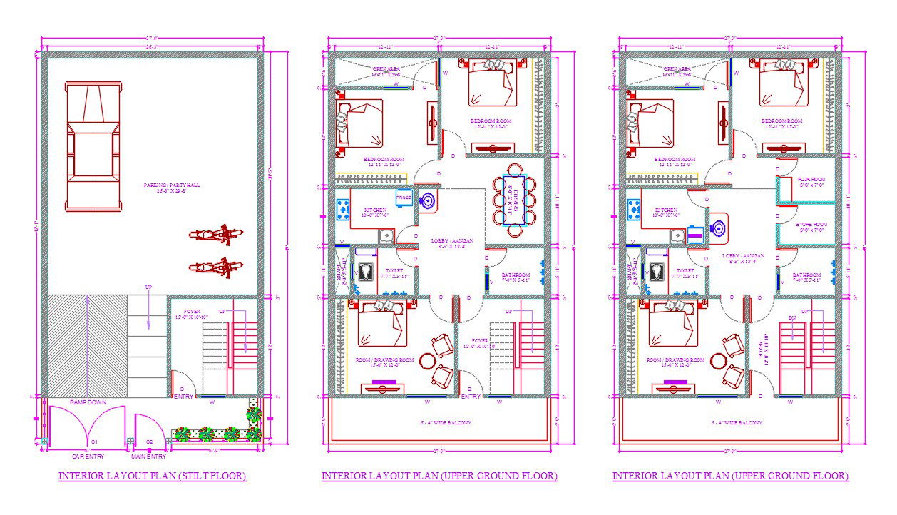 AutoCad Drawing of 2+1 BHK Residence