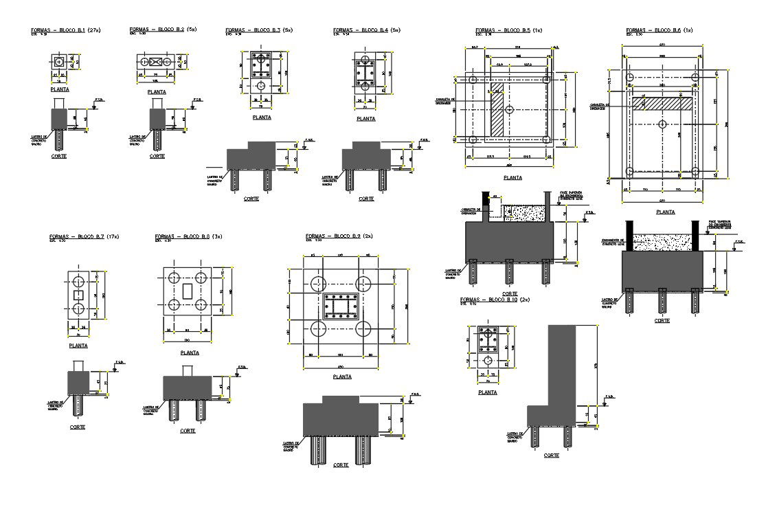 AutoCad DWG file of a typical footing details of a multi complex. Download the AutoCAD 2D file