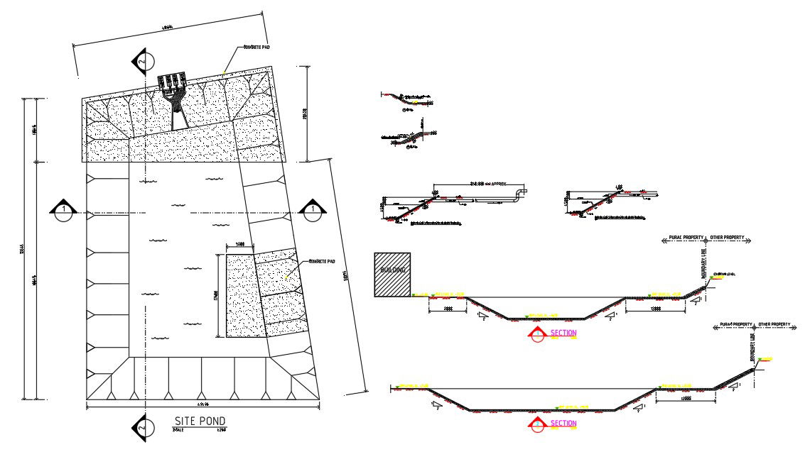 AutoCad DWG showing typical sectional plan of RCP routing from Holding Pond Area. Download the AutoCAD 2D file