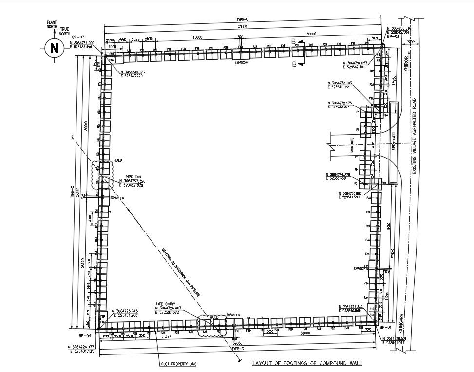 AutoCad drawing file having the Layout of Footings of Compound Wall.Download the AutoCAD 2D DWG file.
