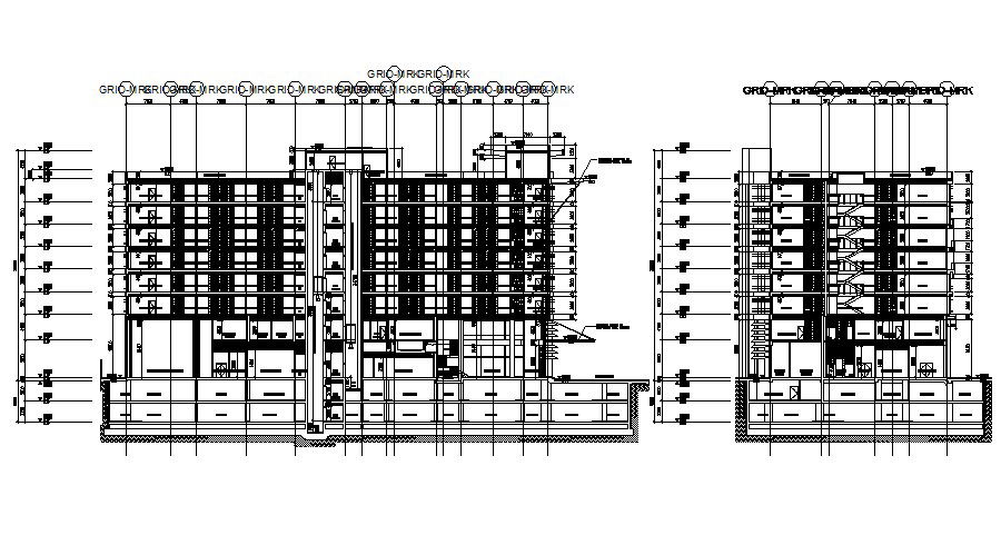Autocad Drawing of the longitudinal section of the hotel building with detail dimension