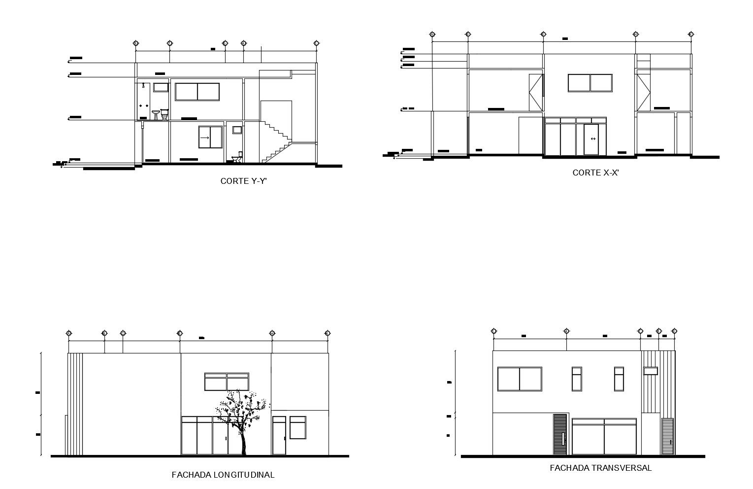 Autocad drawing of 2 storey house with elevation and section