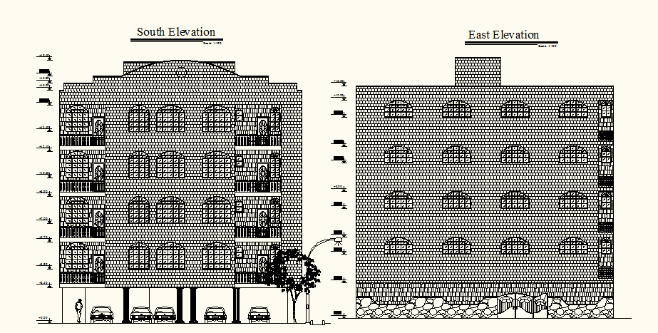 Autocad drawing of Multi storey Residential Building with different elevation